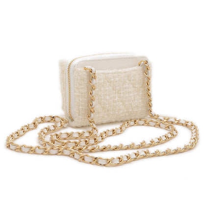 リボン ミニ チェーンウォレット コインケース ツイード ホワイト ゴールド金具 二つ折り財布