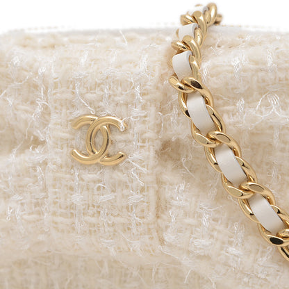 リボン ミニ チェーンウォレット コインケース ツイード ホワイト ゴールド金具 二つ折り財布