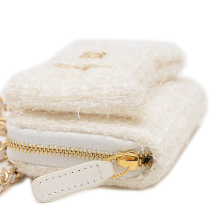 リボン ミニ チェーンウォレット コインケース ツイード ホワイト ゴールド金具 二つ折り財布