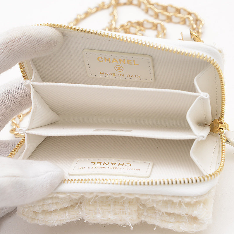 リボン ミニ チェーンウォレット コインケース ツイード ホワイト ゴールド金具 二つ折り財布