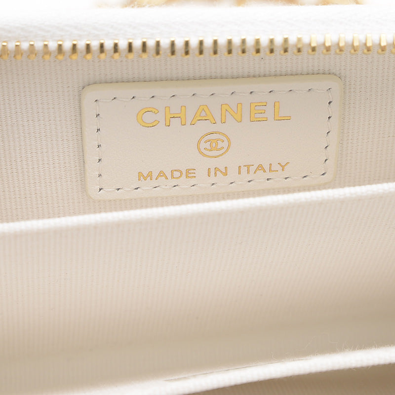 リボン ミニ チェーンウォレット コインケース ツイード ホワイト ゴールド金具 二つ折り財布