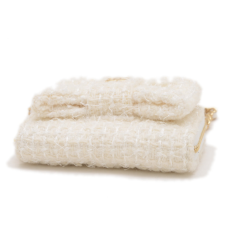 リボン ミニ チェーンウォレット コインケース ツイード ホワイト ゴールド金具 二つ折り財布