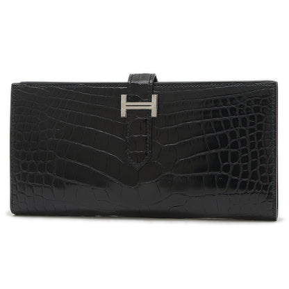 ベアンスフレ 二つ折り長財布 クロコアリゲーター ブラック シルバー金具 B刻印 長財布