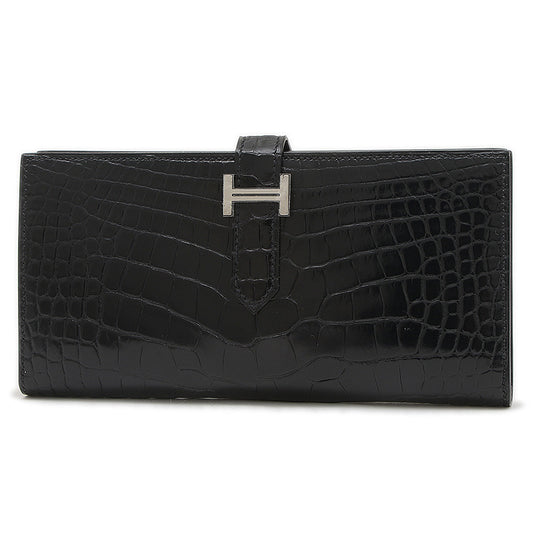 ベアンスフレ 二つ折り長財布 クロコアリゲーター ブラック シルバー金具 B刻印 長財布