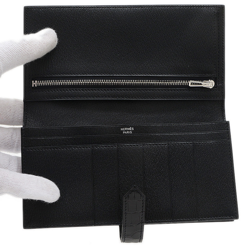 ベアンスフレ 二つ折り長財布 クロコアリゲーター ブラック シルバー金具 B刻印 長財布