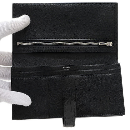 ベアンスフレ 二つ折り長財布 クロコアリゲーター ブラック シルバー金具 B刻印 長財布