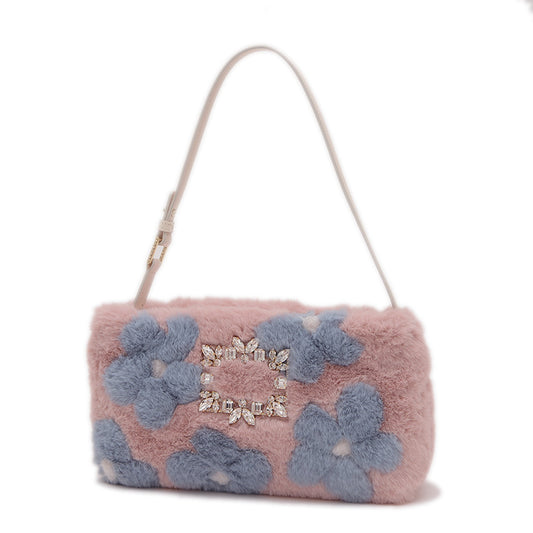 ナイトリリー ウィンター ブロッサム クラッチバッグ ファー ピンク/ブルー ショルダーバッグ