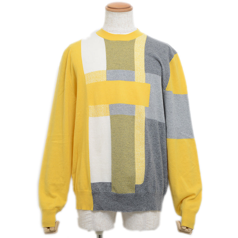 セーター カシミヤ イエロー/グレー/ホワイト メンズ Lサイズ ニット