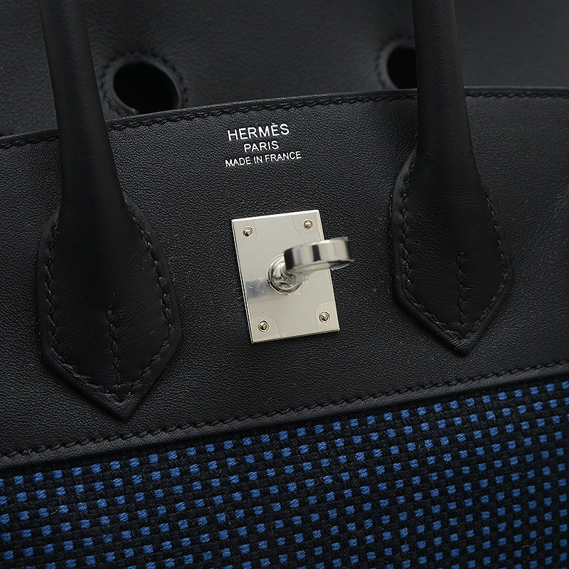 バーキン25 スイフト/トワルキャドリーユ ブラック/ブルーエジェ シルバー金具 W刻印 ハンドバッグ