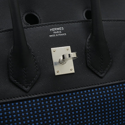 バーキン25 スイフト/トワルキャドリーユ ブラック/ブルーエジェ シルバー金具 W刻印 ハンドバッグ