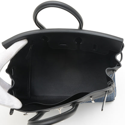 バーキン25 スイフト/トワルキャドリーユ ブラック/ブルーエジェ シルバー金具 W刻印 ハンドバッグ