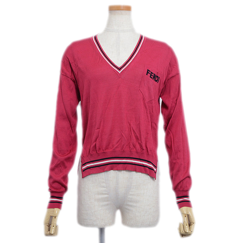 Vネックニット ロゴ シルク レッド レディース 36サイズ ニット