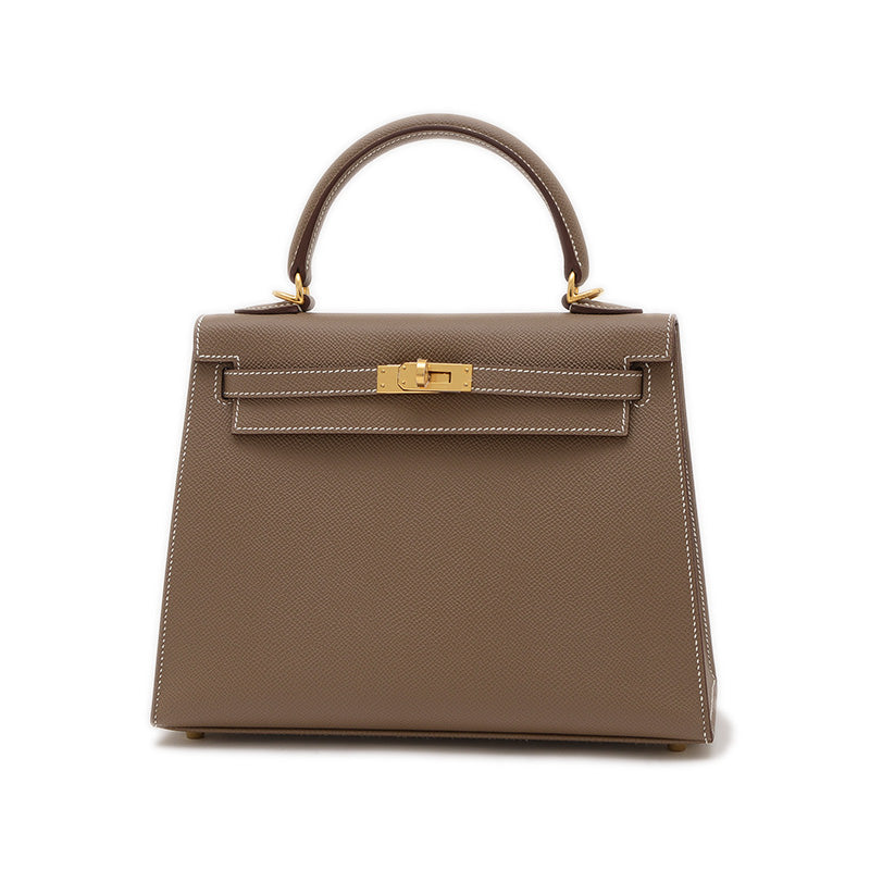 ケリー25 外縫い エプソン エトゥープ ゴールド金具 W刻印 ハンドバッグ