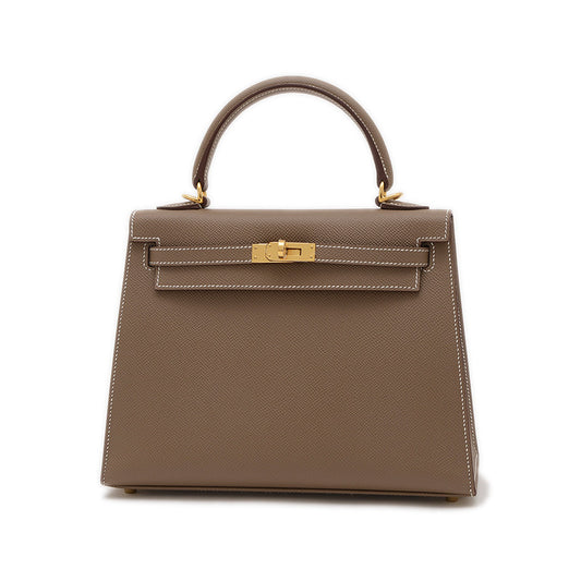 ケリー25 外縫い エプソン エトゥープ ゴールド金具 W刻印 ハンドバッグ