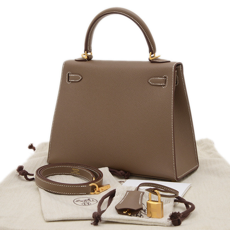 ケリー25 外縫い エプソン エトゥープ ゴールド金具 W刻印 ハンドバッグ