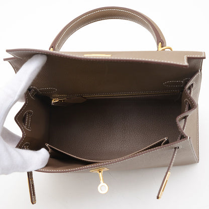 ケリー25 外縫い エプソン エトゥープ ゴールド金具 W刻印 ハンドバッグ