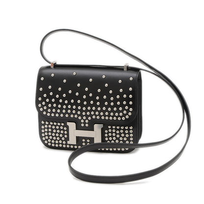 コンスタンス ミニ 18 クルーテ ミロワール ボックスカーフ ブラック シルバー金具 ショルダーバッグ