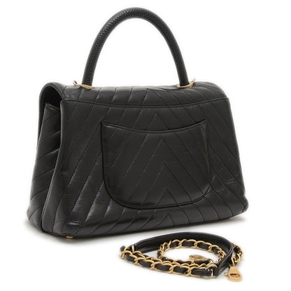 シェブロン ココハンドル フラップ 2WAYバッグ カーフスキン ブラック ゴールド金具 ハンドバッグ
