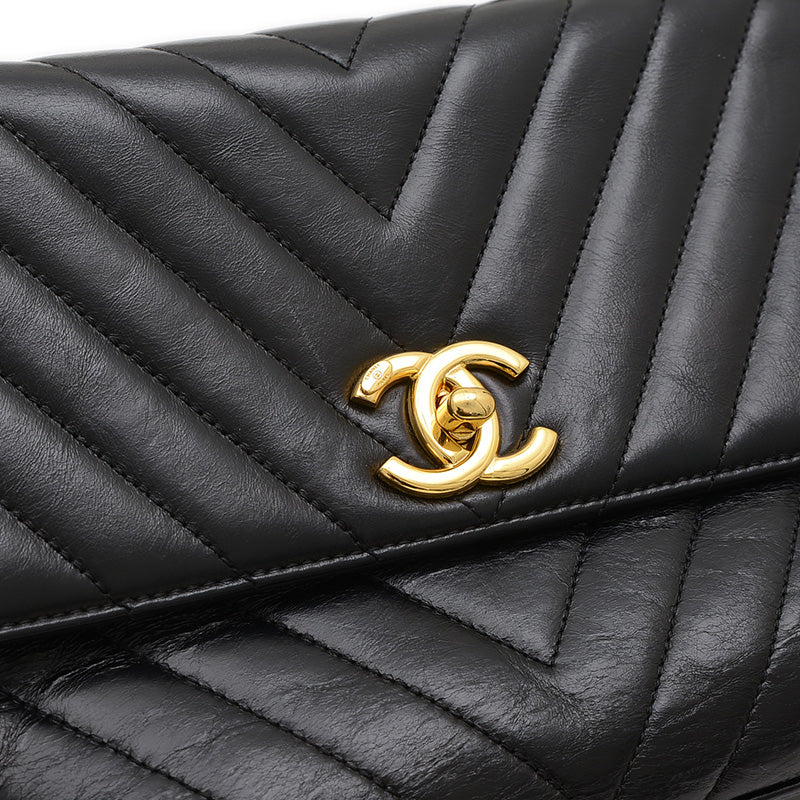 シェブロン ココハンドル フラップ 2WAYバッグ カーフスキン ブラック ゴールド金具 ハンドバッグ