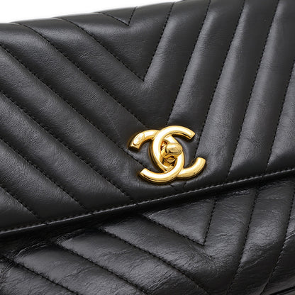 シェブロン ココハンドル フラップ 2WAYバッグ カーフスキン ブラック ゴールド金具 ハンドバッグ