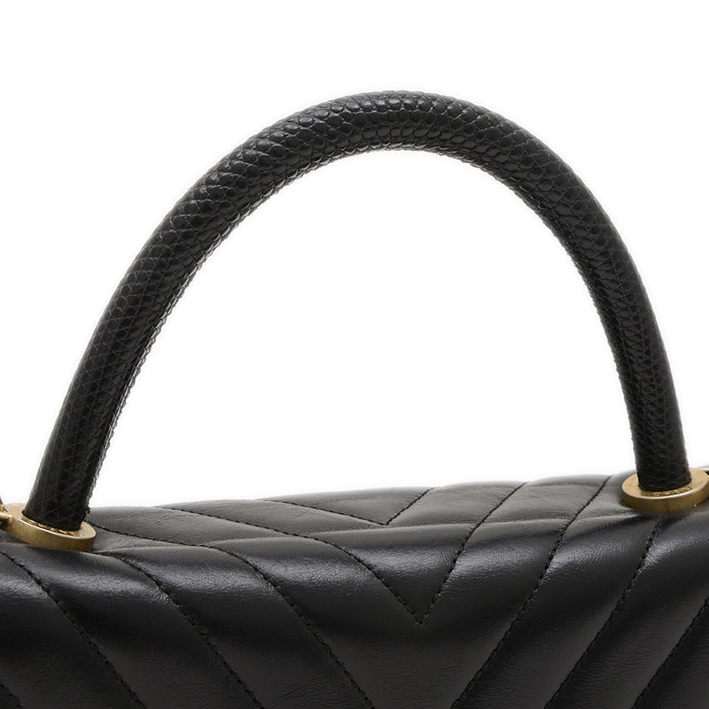 シェブロン ココハンドル フラップ 2WAYバッグ カーフスキン ブラック ゴールド金具 ハンドバッグ