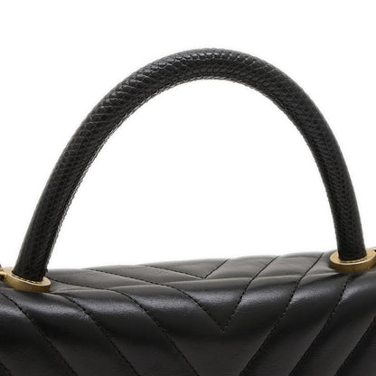 シェブロン ココハンドル フラップ 2WAYバッグ カーフスキン ブラック ゴールド金具 ハンドバッグ