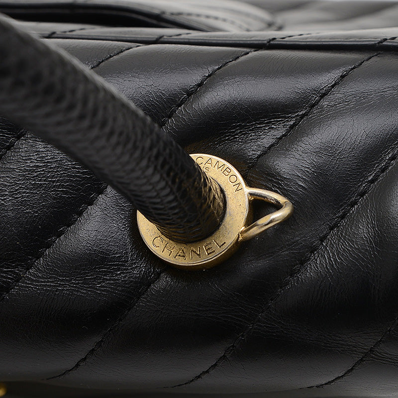 シェブロン ココハンドル フラップ 2WAYバッグ カーフスキン ブラック ゴールド金具 ハンドバッグ