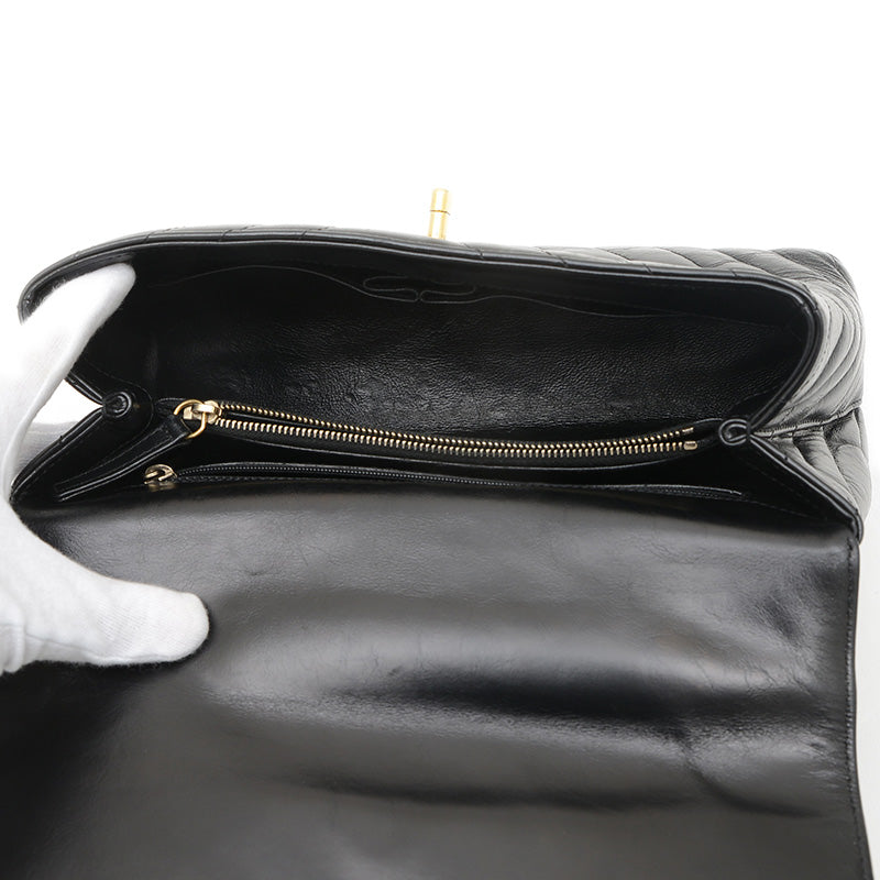 シェブロン ココハンドル フラップ 2WAYバッグ カーフスキン ブラック ゴールド金具 ハンドバッグ