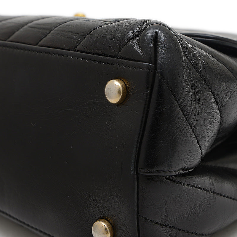 シェブロン ココハンドル フラップ 2WAYバッグ カーフスキン ブラック ゴールド金具 ハンドバッグ