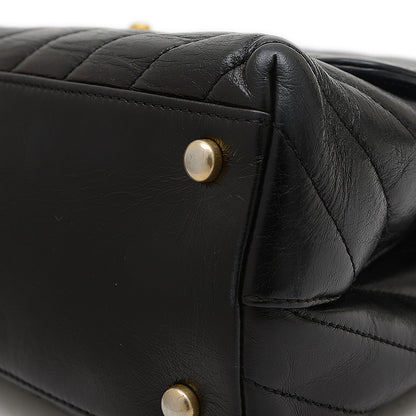 シェブロン ココハンドル フラップ 2WAYバッグ カーフスキン ブラック ゴールド金具 ハンドバッグ