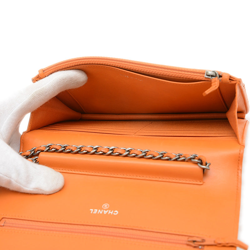 ボーイシャネル チェーンウォレット 長財布 ラムスキン オレンジ ショルダーバッグ