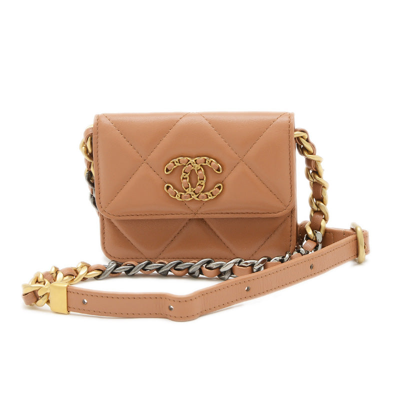 シャネル19 チェーンショルダーバッグ ラムスキン ブラウン ゴールド/シルバー金具 ショルダーバッグ