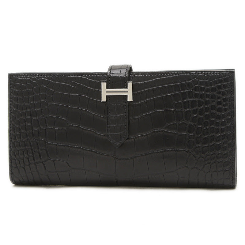 ベアンスフレ 長財布 アリゲーターマット ブラック シルバー金具 W刻印 長財布