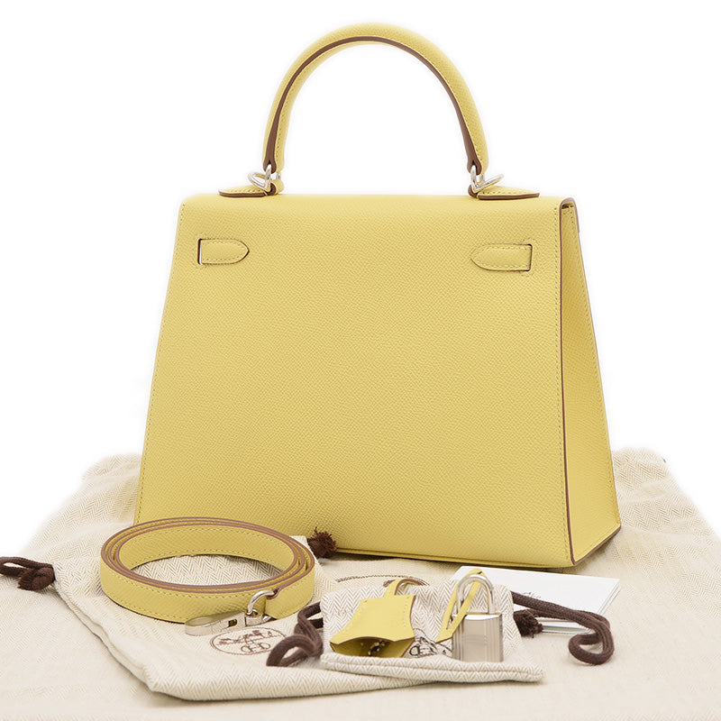 ケリー25 外縫い エプソン ジョーヌプッサン シルバー金具 W刻印 ハンドバッグ