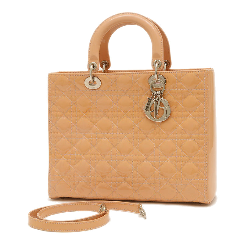 レディディオール カナージュ ラージ 2WAYバッグ パテント ベージュ ハンドバッグ