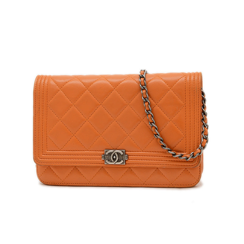 ボーイシャネル チェーンウォレット 長財布 ラムスキン オレンジ ショルダーバッグ