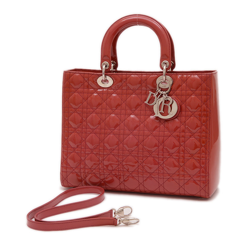 レディディオール カナージュ ラージ 2WAYバッグ パテント レッド ハンドバッグ