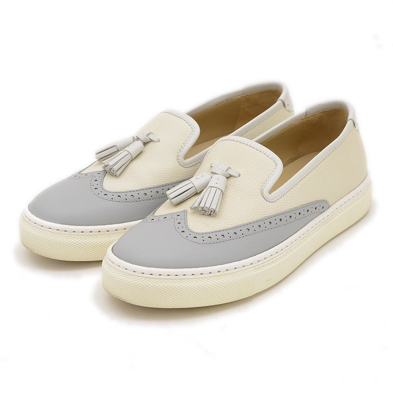 ウィングチップ タッセル スニーカー レザー アイボリー/グレー #36 スリッポン