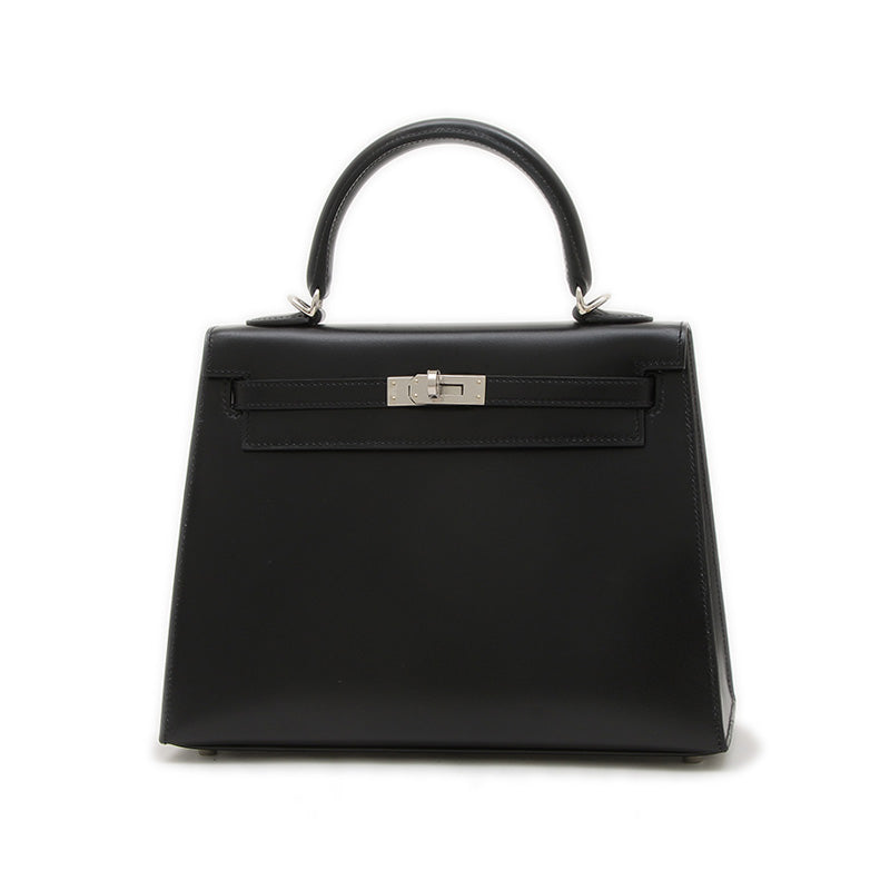 ケリー25 外縫い ボックスカーフ ブラック シルバー金具 K刻印 ハンドバッグ