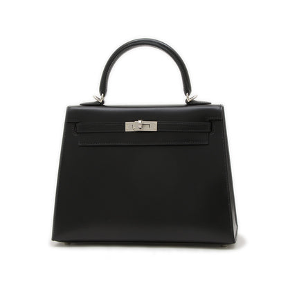 ケリー25 外縫い ボックスカーフ ブラック シルバー金具 K刻印 ハンドバッグ