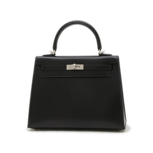 ケリー25 外縫い ボックスカーフ ブラック シルバー金具 K刻印 ハンドバッグ