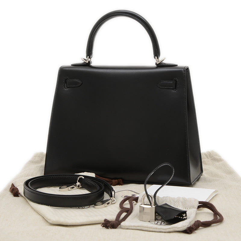 ケリー25 外縫い ボックスカーフ ブラック シルバー金具 K刻印 ハンドバッグ