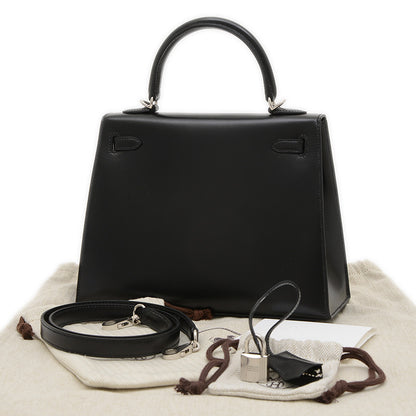 ケリー25 外縫い ボックスカーフ ブラック シルバー金具 K刻印 ハンドバッグ