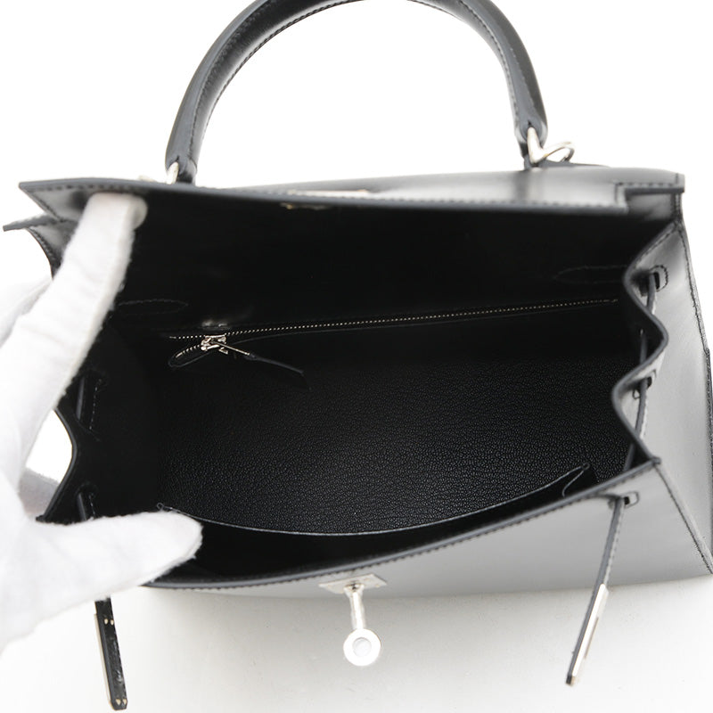 ケリー25 外縫い ボックスカーフ ブラック シルバー金具 K刻印 ハンドバッグ