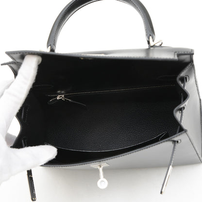 ケリー25 外縫い ボックスカーフ ブラック シルバー金具 K刻印 ハンドバッグ