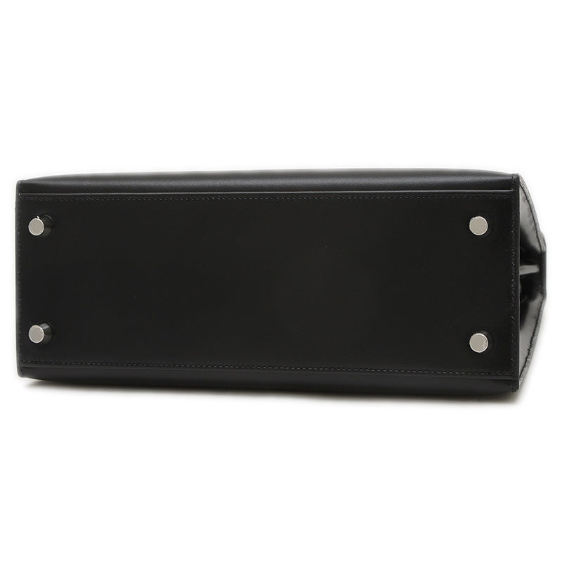 ケリー25 外縫い ボックスカーフ ブラック シルバー金具 K刻印 ハンドバッグ