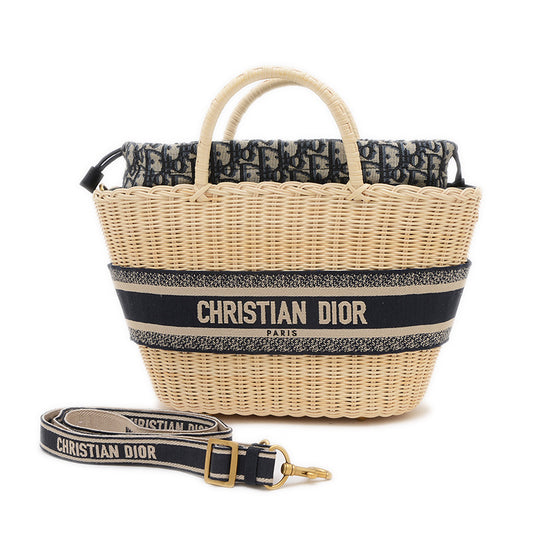 パニエシャポーバッグ 2WAYバッグ ウィッカー/ジャガード ナチュラル/ネイビー トートバッグ