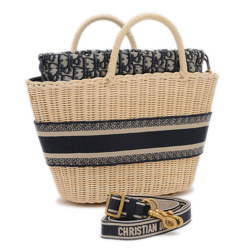 パニエシャポーバッグ 2WAYバッグ ウィッカー/ジャガード ナチュラル/ネイビー トートバッグ