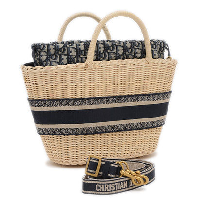 パニエシャポーバッグ 2WAYバッグ ウィッカー/ジャガード ナチュラル/ネイビー トートバッグ