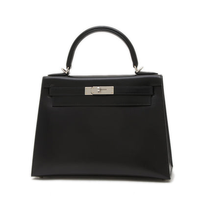 ケリー28 外縫い ボックスカーフ ブラック シルバー金具 K刻印 ハンドバッグ